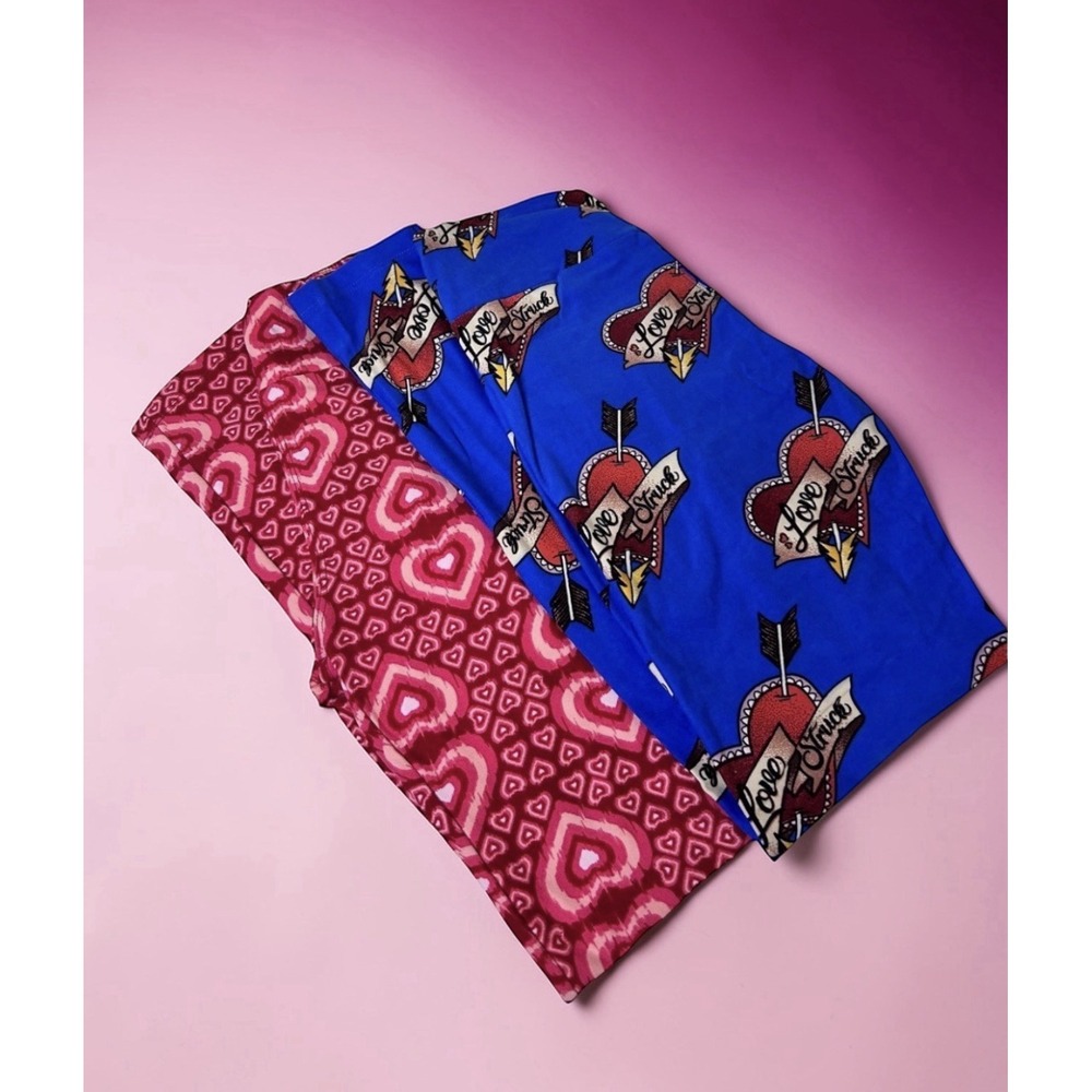LuLaRoe 2 Pair Women's Flirty Love Struck Pink Heart Love Heart O/S Leggings EUC